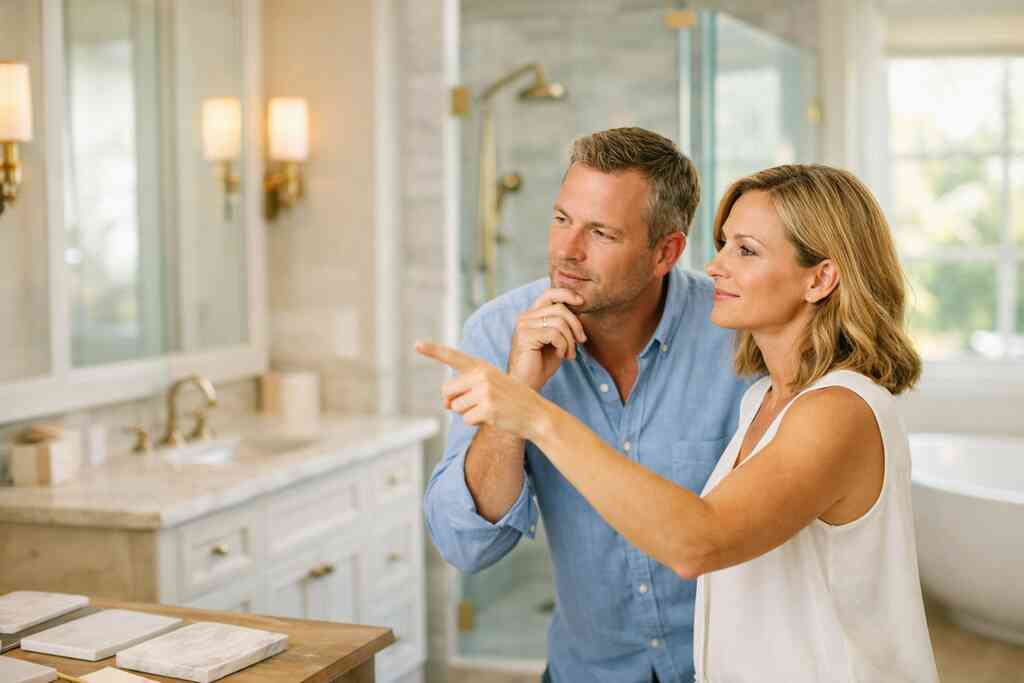 What marble countertops, quartz countertops, and polished nickel or brushed brass accents say about the final style of t