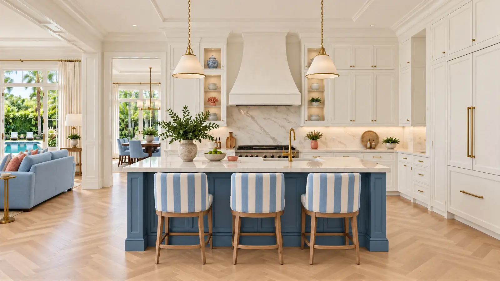 White and French-blue kitchen at The Aveline Residence, Boca Raton house