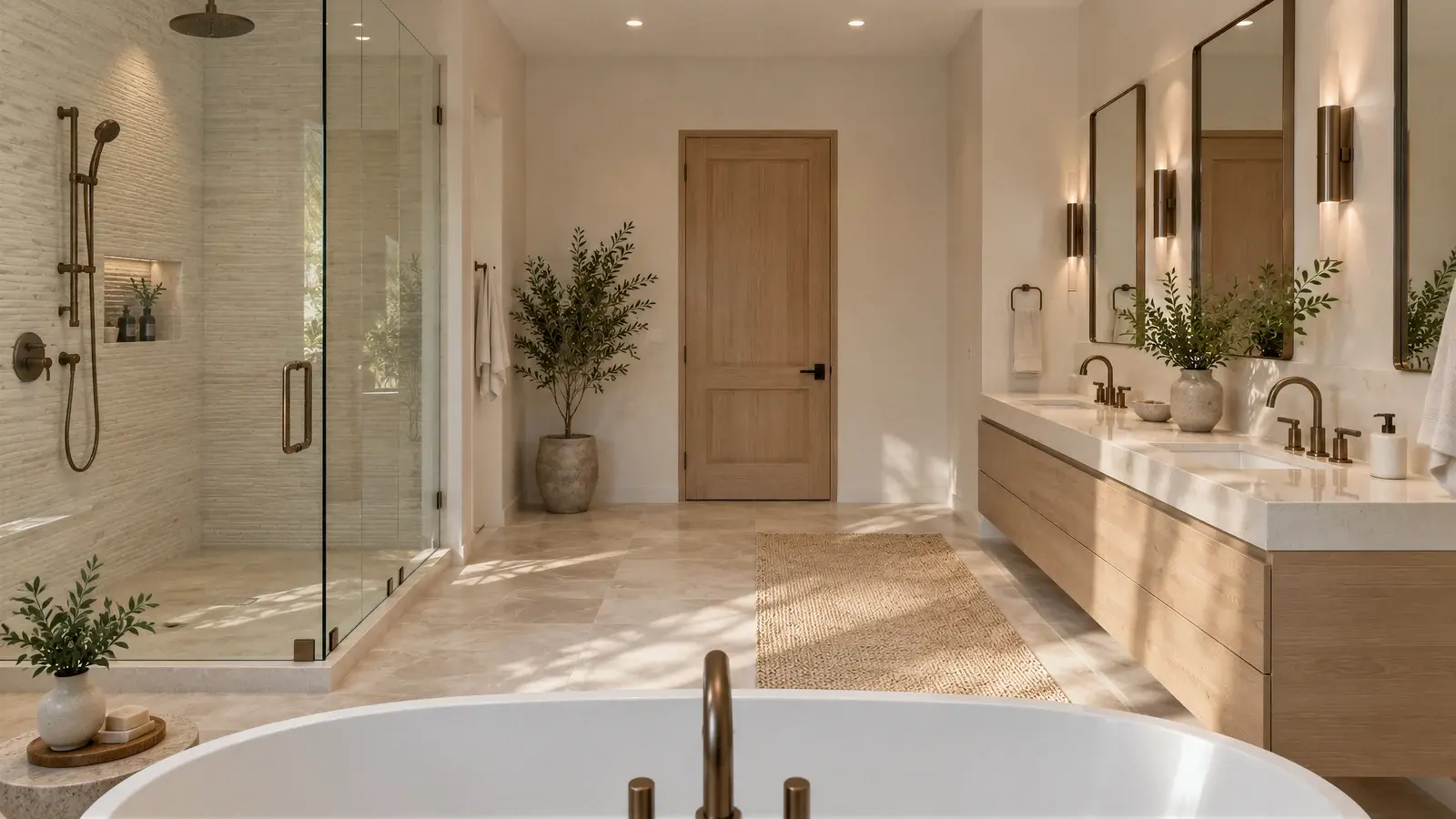 Vanity and shower composition at The Calma Bath, Delray Beach house