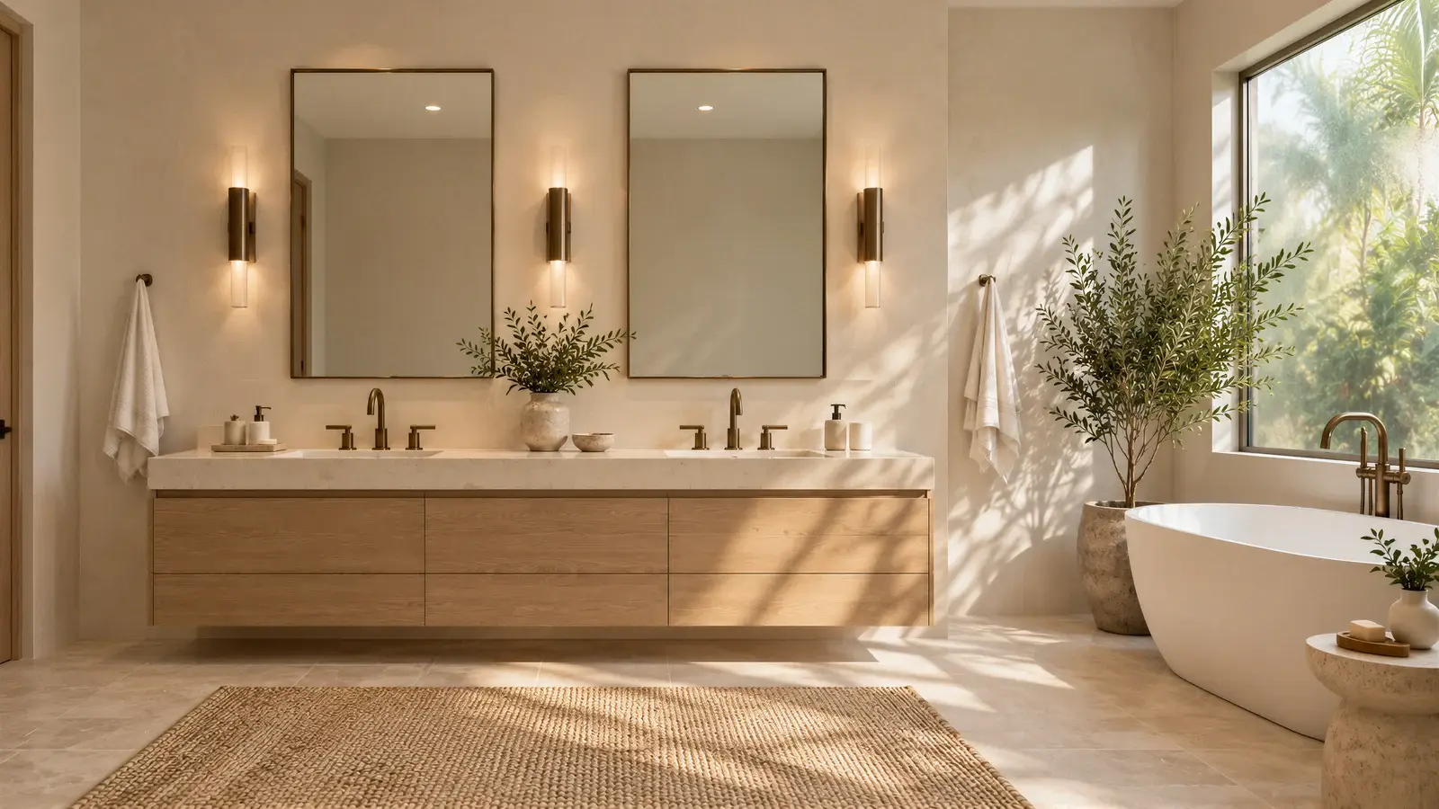 Oak double vanity at The Calma Bath, Delray Beach house