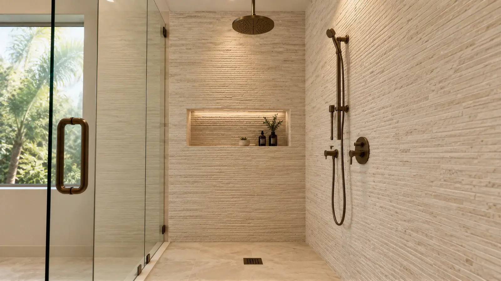 Glass shower at The Calma Bath, Delray Beach house