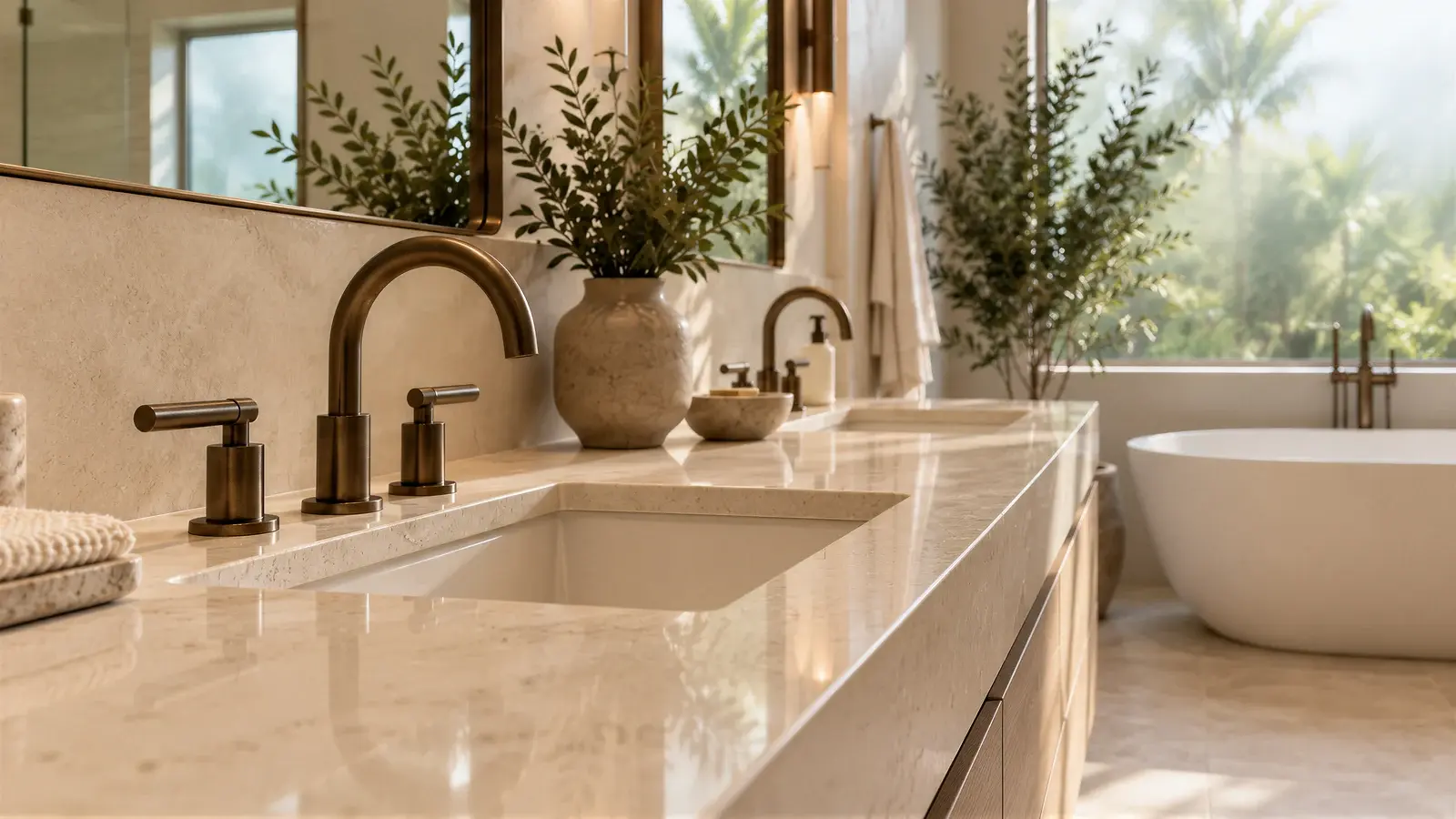 Bronze fixtures at The Calma Bath, Delray Beach house
