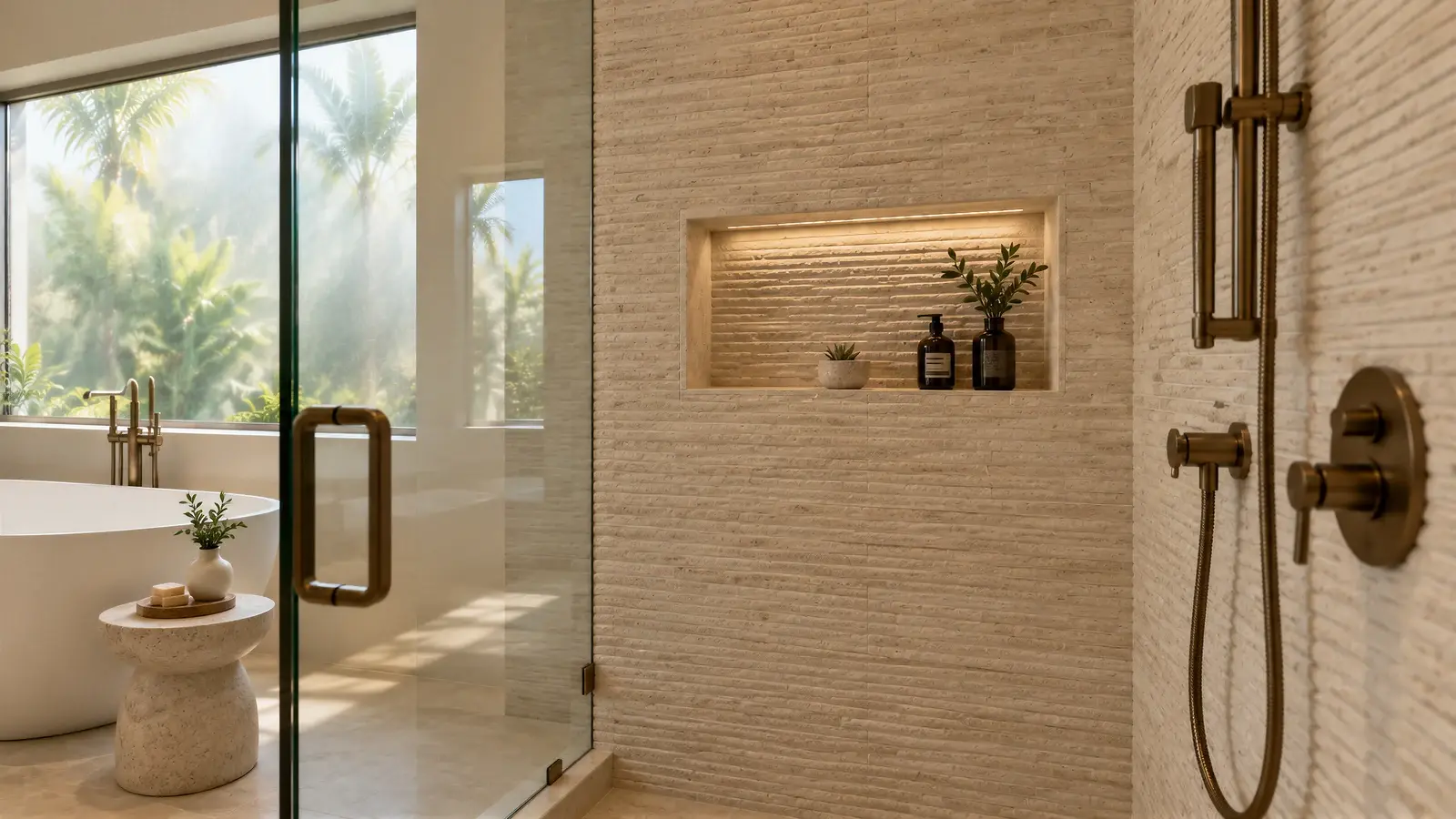 Shower tile and niche at The Calma Bath, Delray Beach house