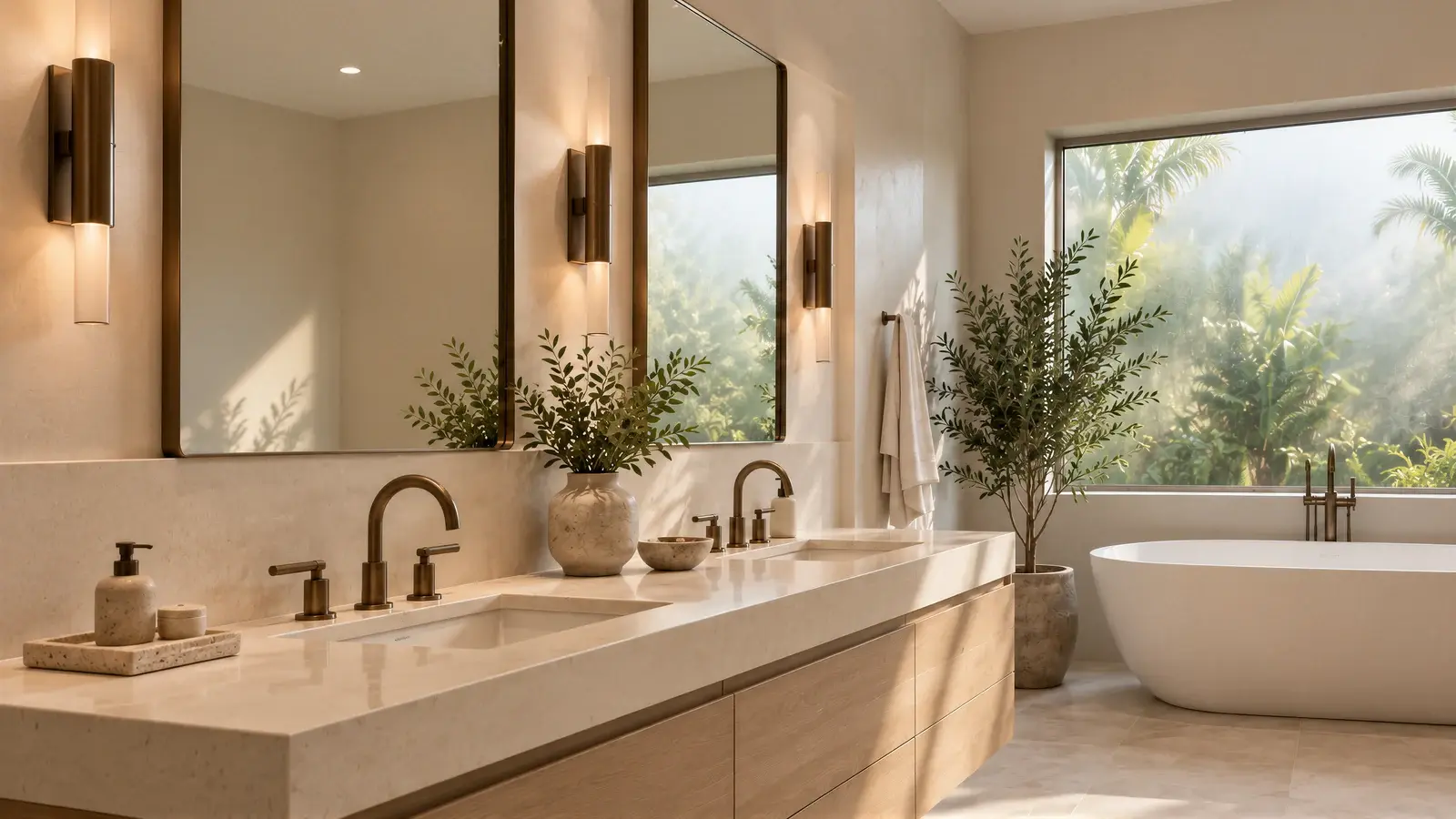 Mirror and lighting detail at The Calma Bath, Delray Beach house
