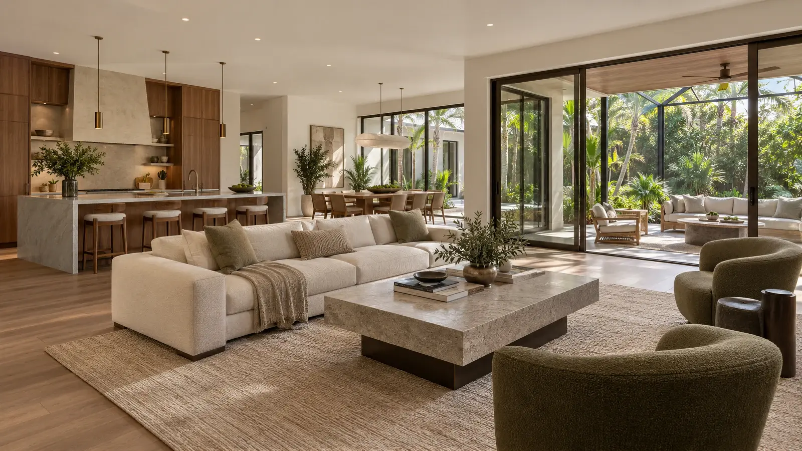 Garden-facing living room at The Canopy House, Boynton Beach house