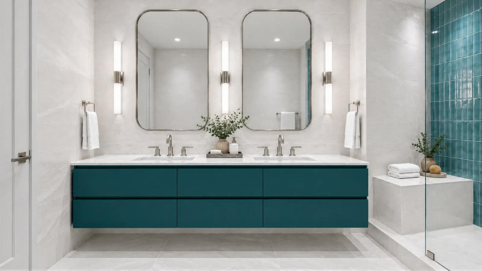 Peacock-teal double vanity at The Celadon Suite, Boca Raton condo