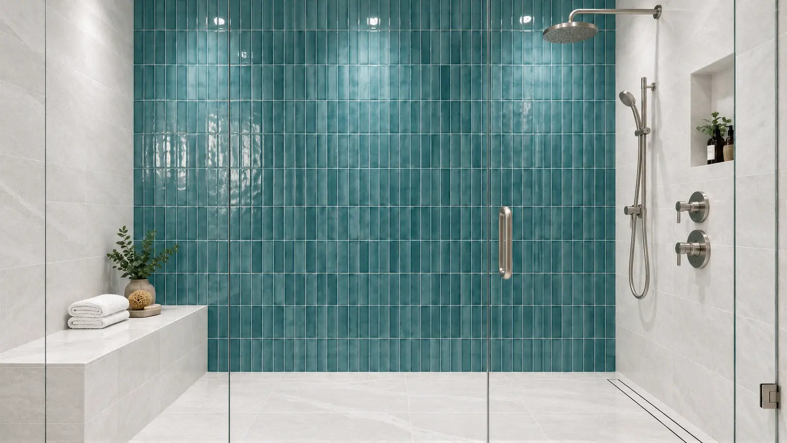 Teal glazed-tile walk-in shower at The Celadon Suite, Boca Raton condo