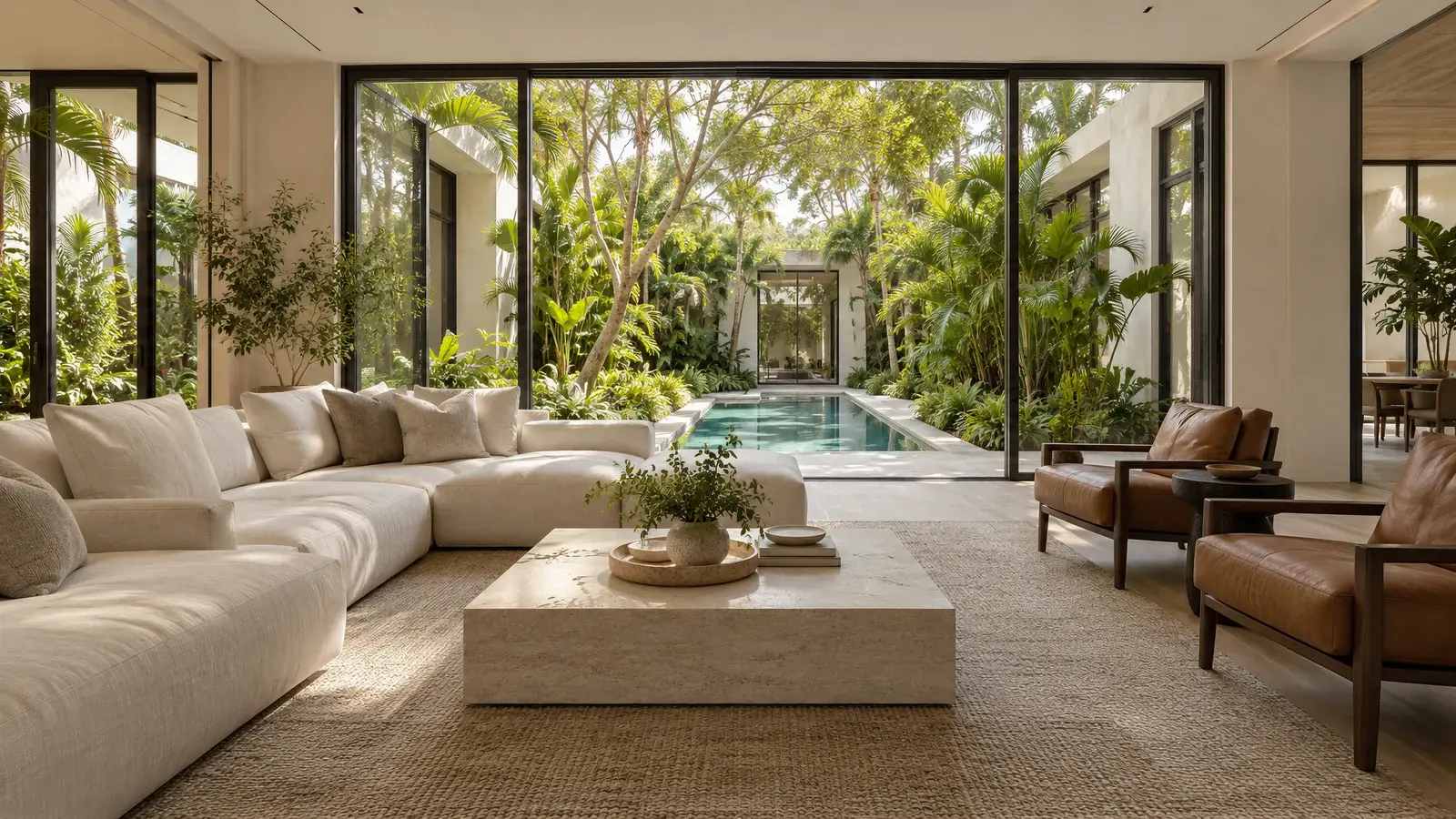 Courtyard-facing living room at The Liora House, Delray Beach house