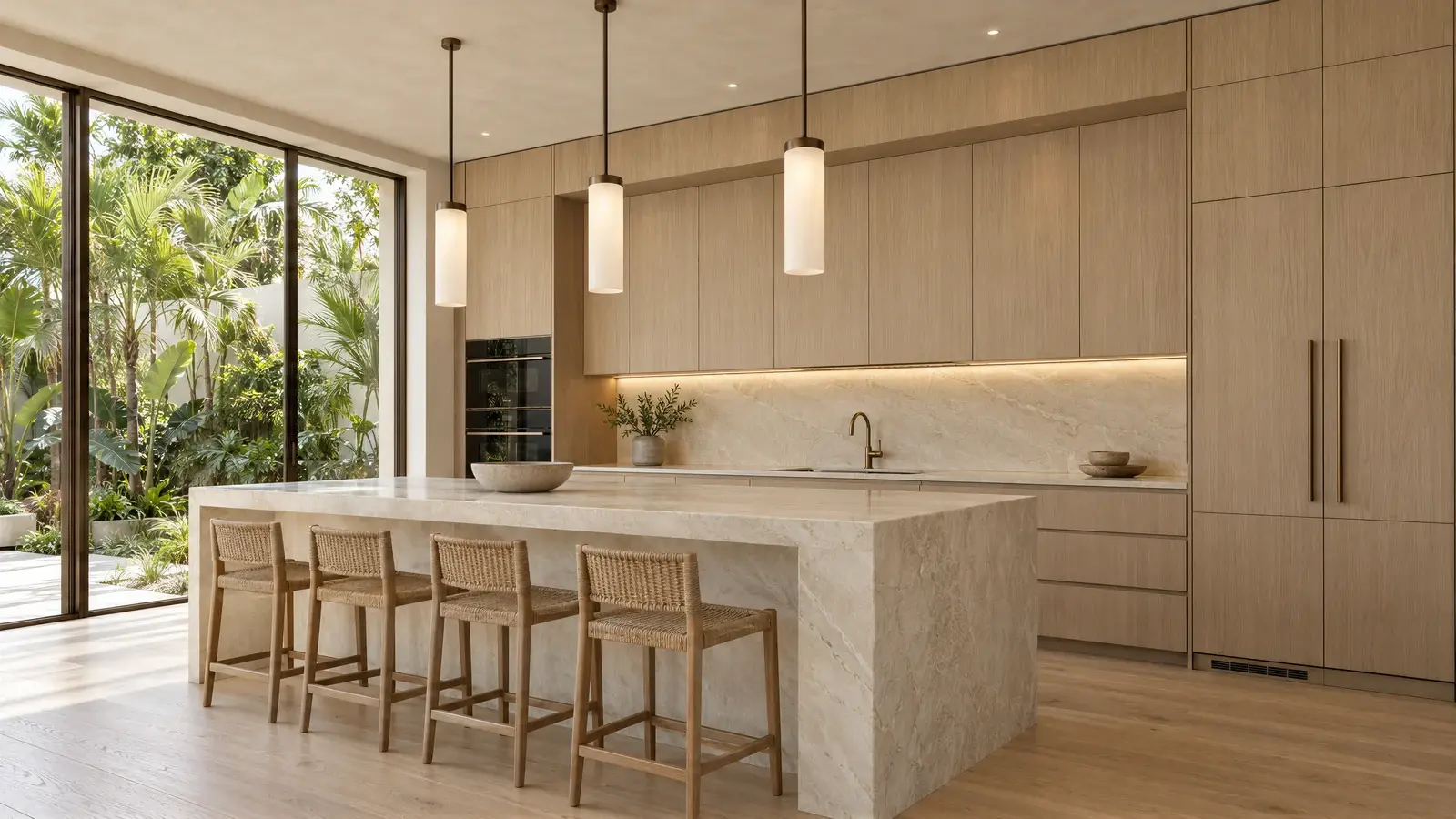 White-oak kitchen at The Liora House, Delray Beach house
