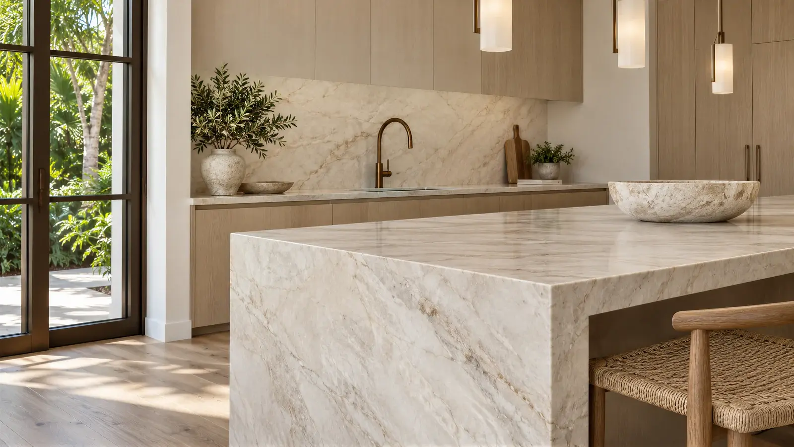 Quartzite island and cabinetry detail at The Liora House, Delray Beach house