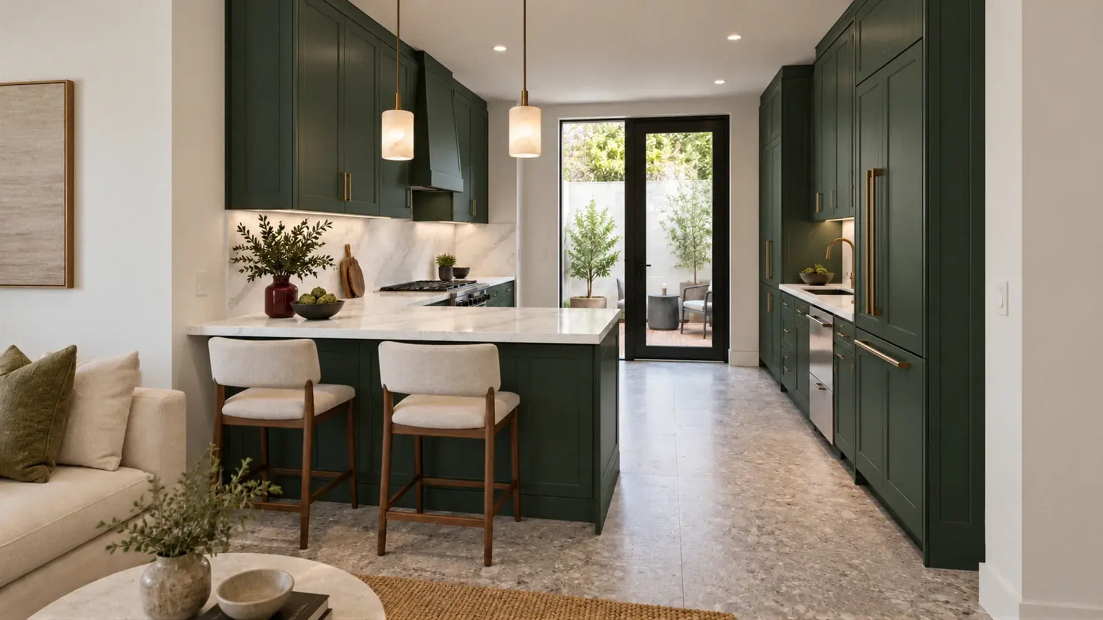 Forest-green townhome kitchen at The Marlow Kitchen, Boca Raton townhome