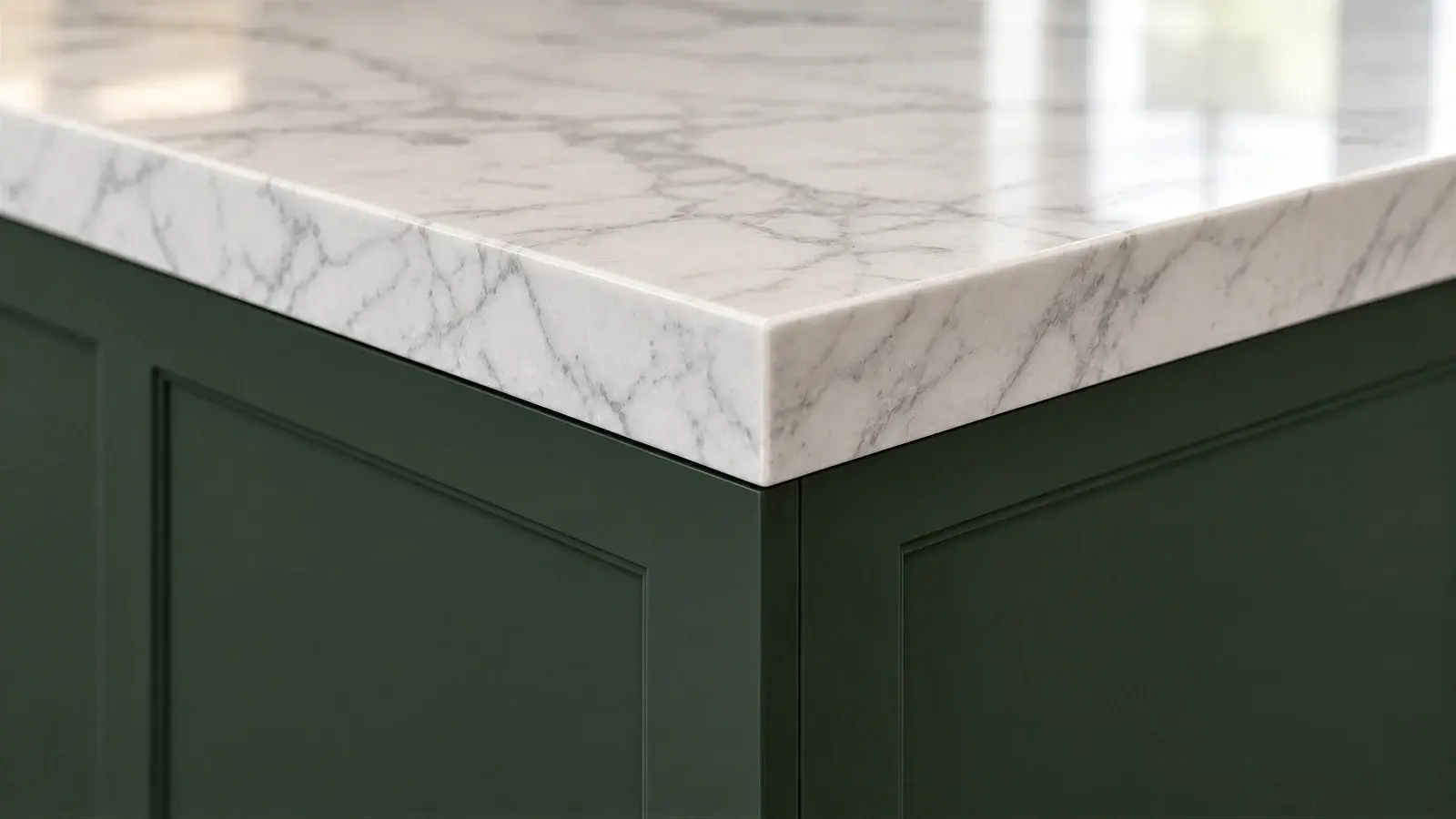 Green cabinetry and white marble joinery at The Marlow Kitchen, Boca Raton townhome