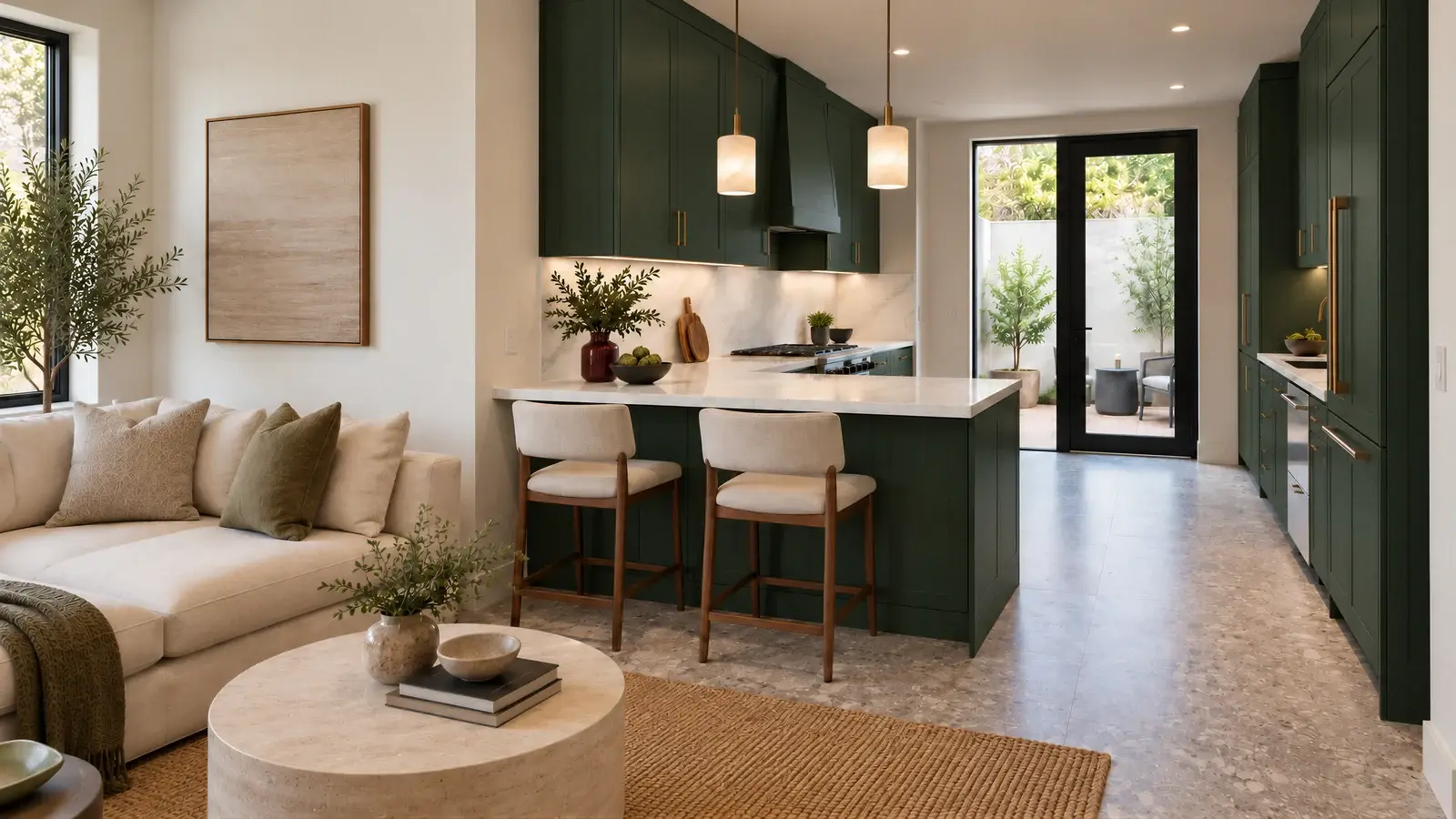 Kitchen and adjoining living area at The Marlow Kitchen, Boca Raton townhome