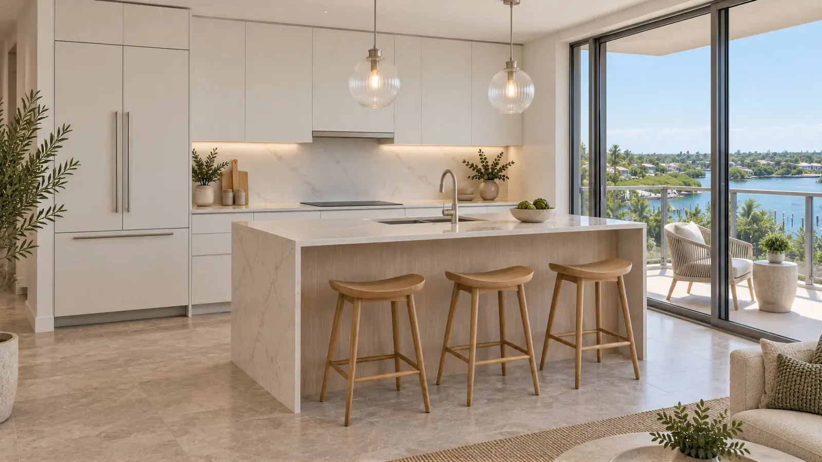 Compact island seating at The Pearlwater Kitchen, Boynton Beach condo