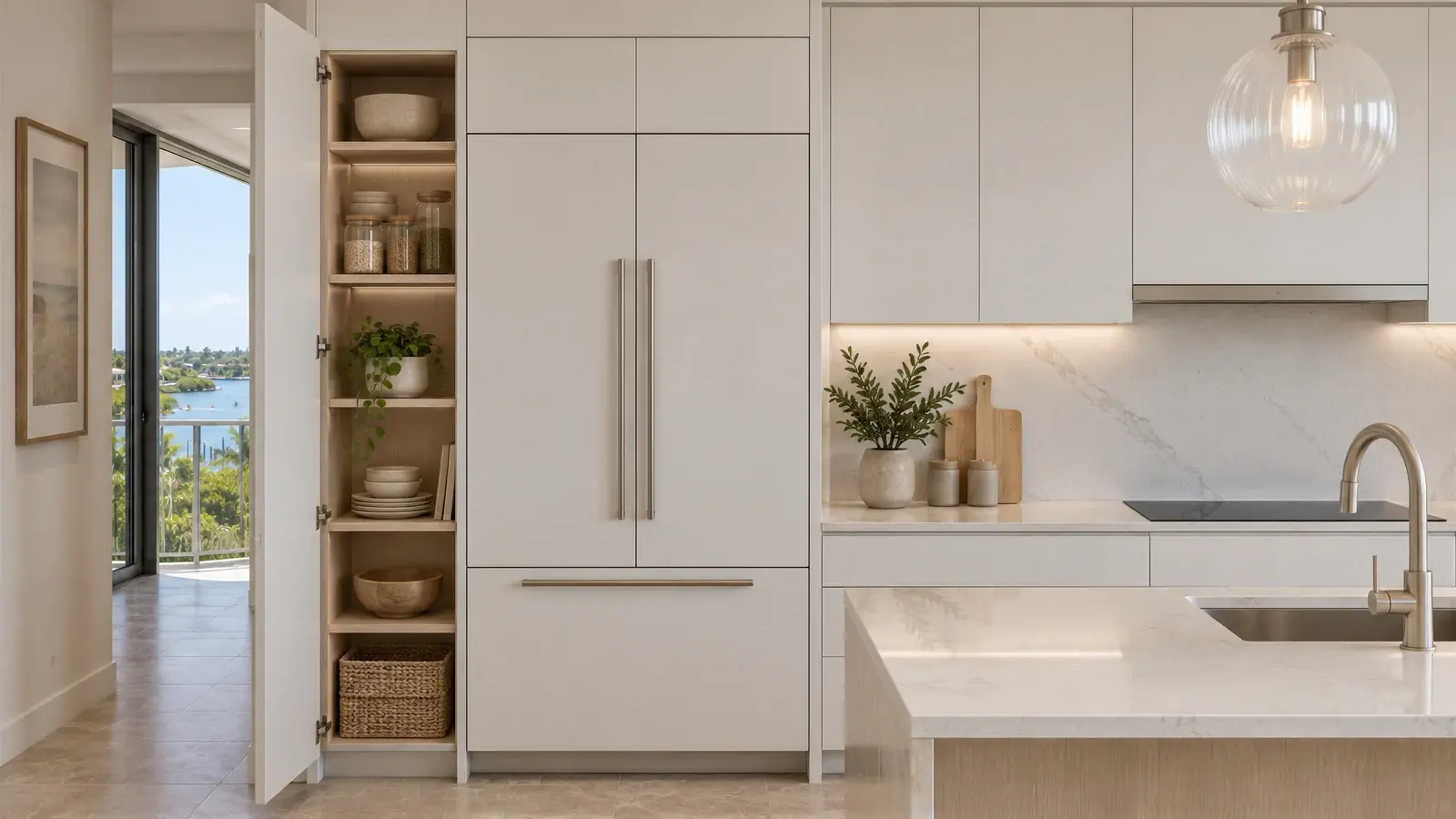 Pantry and integrated appliances at The Pearlwater Kitchen, Boynton Beach condo