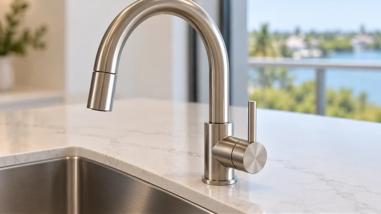Nickel faucet and stone at The Pearlwater Kitchen, Boynton Beach condo