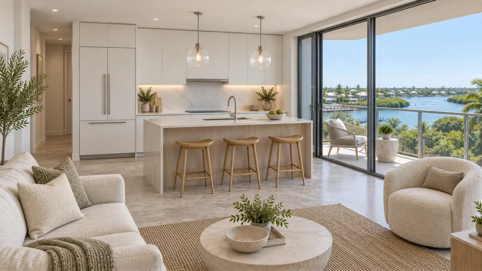 Connection to the living room at The Pearlwater Kitchen, Boynton Beach condo