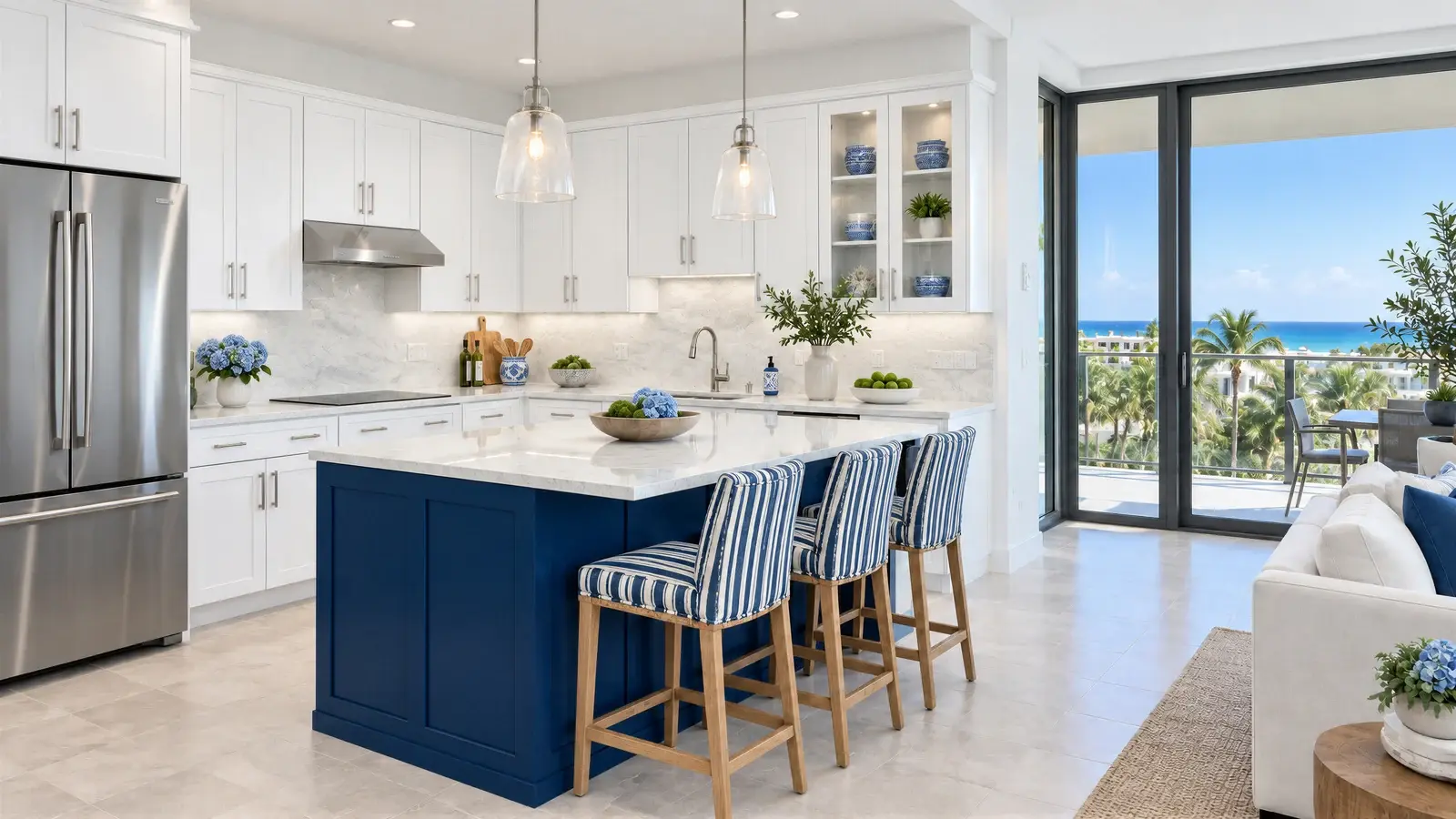 Kitchen and navy-blue island at The Serein Kitchen, Delray Beach condo