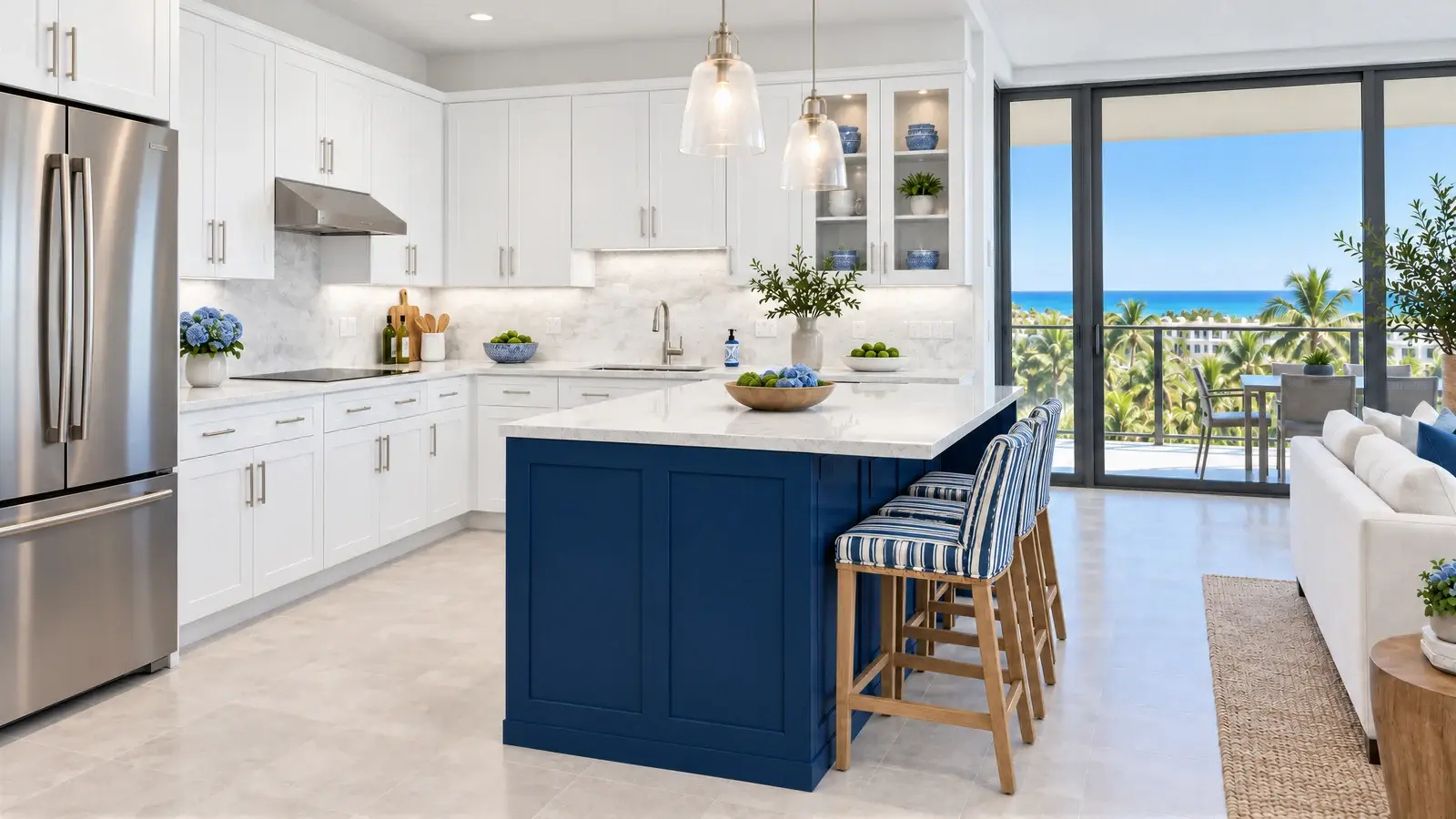 Island seating at The Serein Kitchen, Delray Beach condo