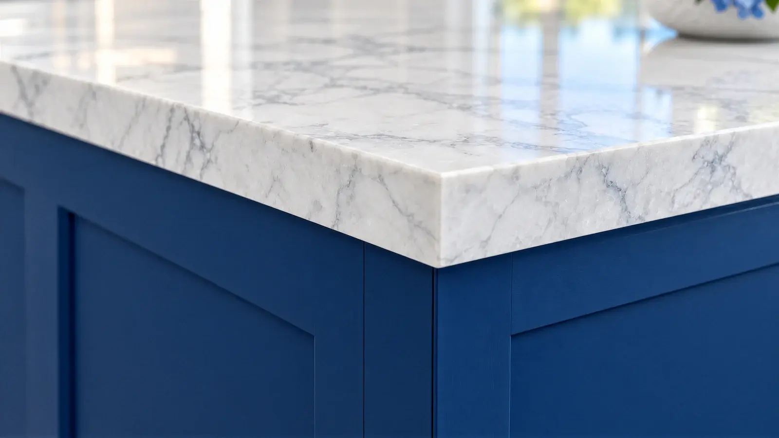 Quartzite and navy cabinetry joinery at The Serein Kitchen, Delray Beach condo
