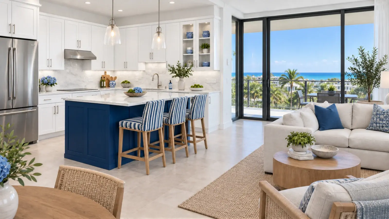 Kitchen connection to living area at The Serein Kitchen, Delray Beach condo