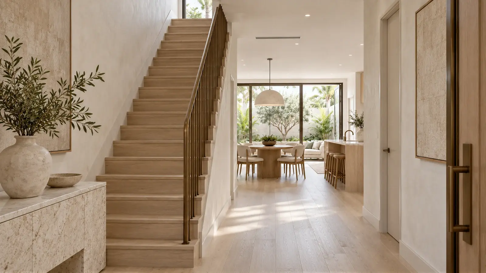 Oak stair and entry at The Solenne Townhouse, Delray Beach townhome
