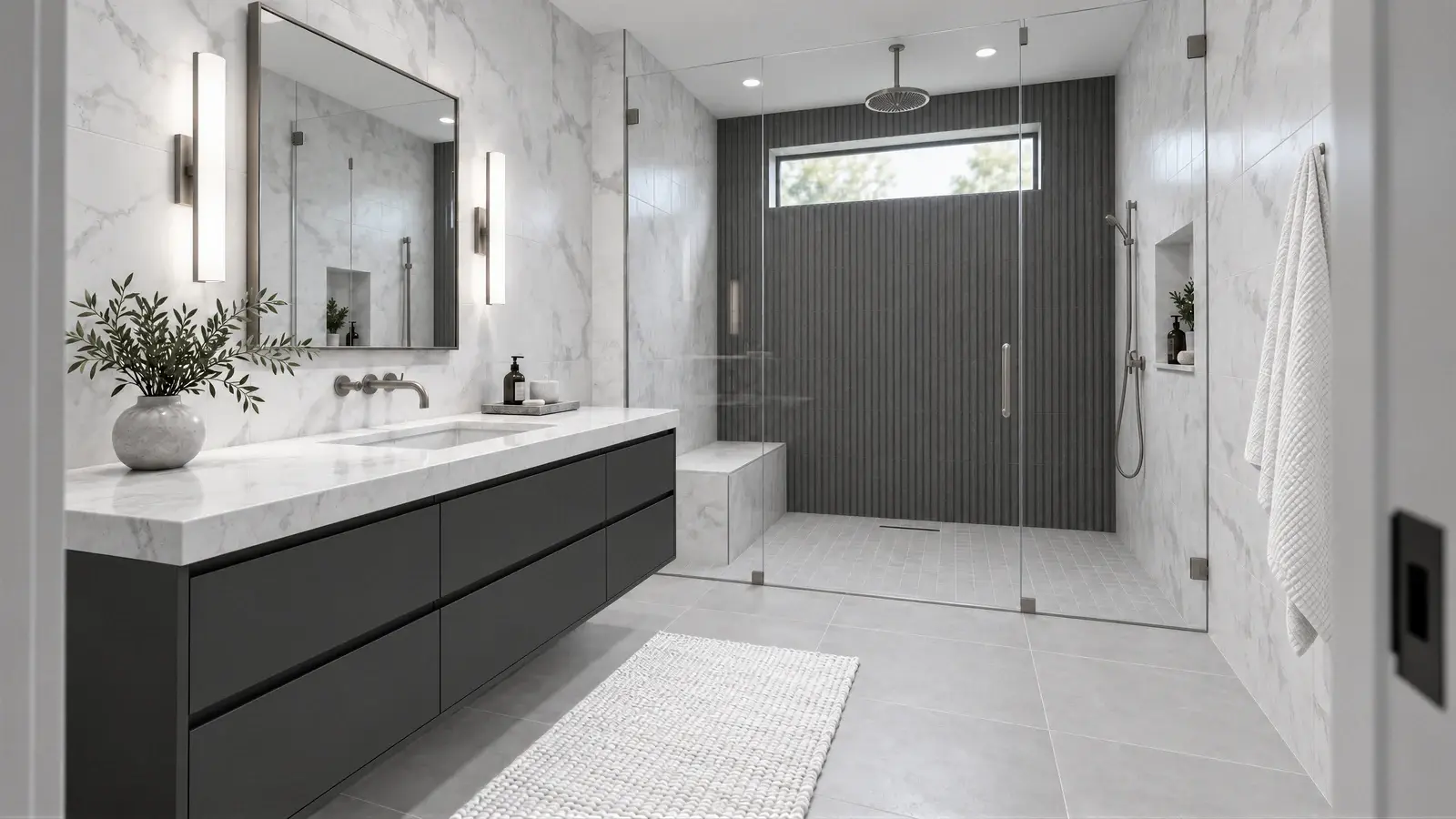 Vanity and shower diagonal at The Talin Bath, Boynton Beach townhome