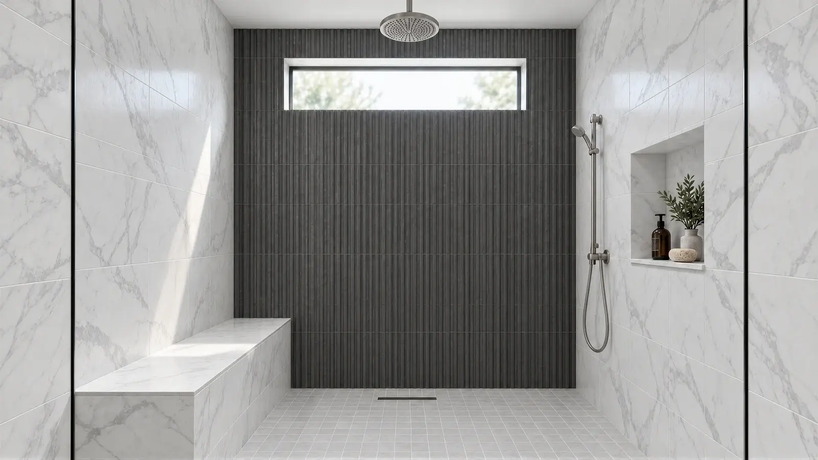 Shower seat and niche at The Talin Bath, Boynton Beach townhome