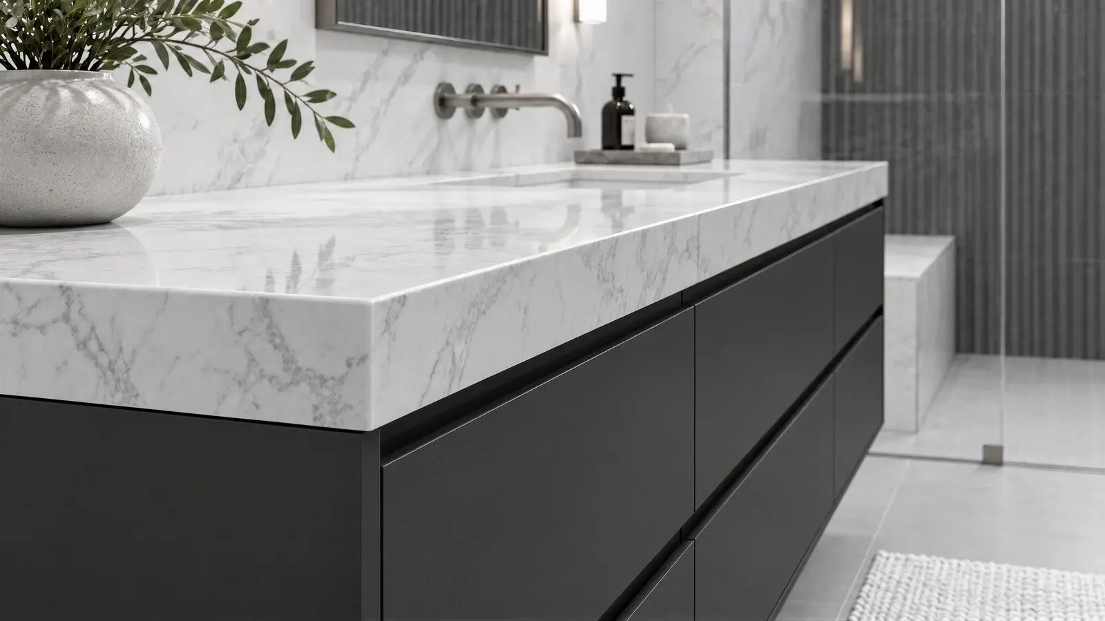 Charcoal cabinetry joint at The Talin Bath, Boynton Beach townhome