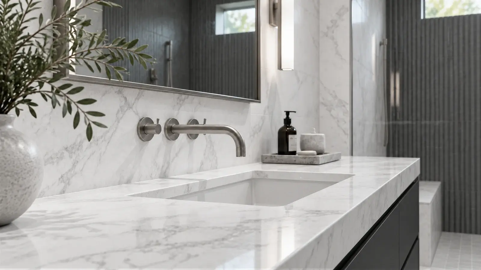 Brushed-nickel wall faucet at The Talin Bath, Boynton Beach townhome