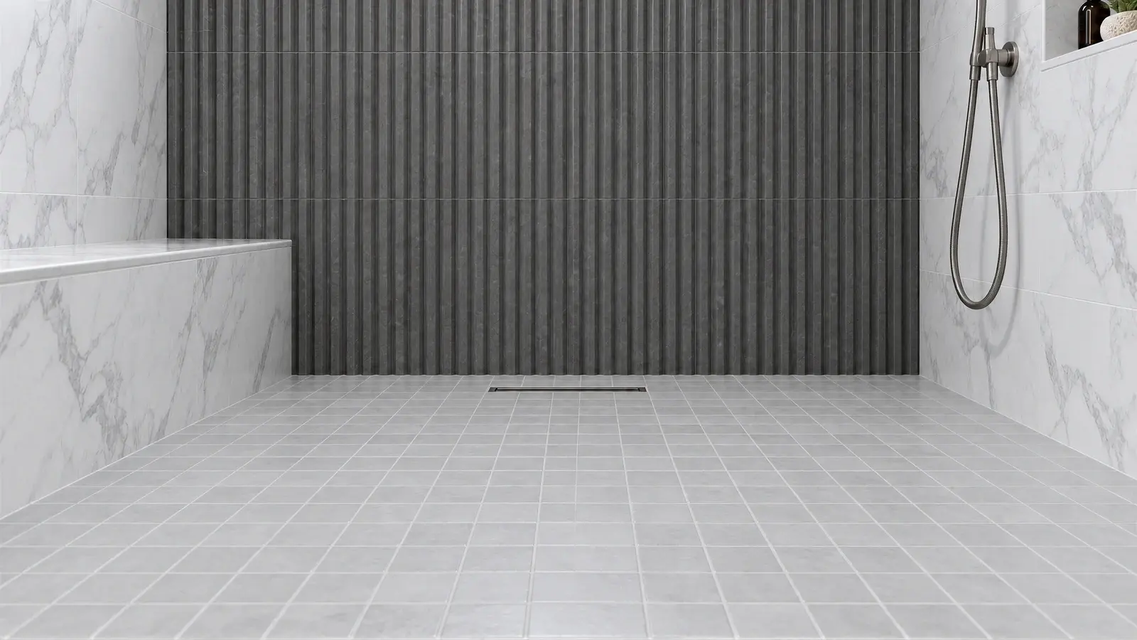 Tile and drain detail at The Talin Bath, Boynton Beach townhome